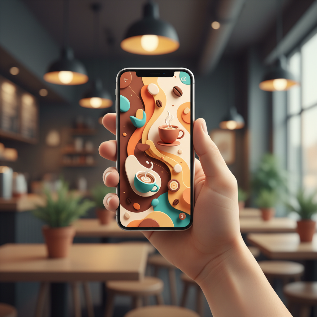 Smartphone screen showing a colorful coffee app interface, held in hand, blurred cafe background, 3d render style