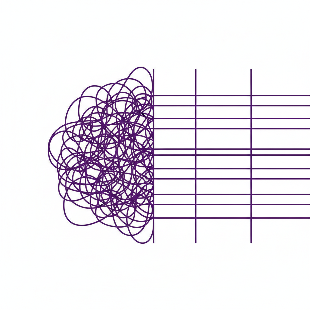 Conceptual minimalist illustration of tangled chaotic lines contrasting with straight organized lines, business style, white background, deep purple accent