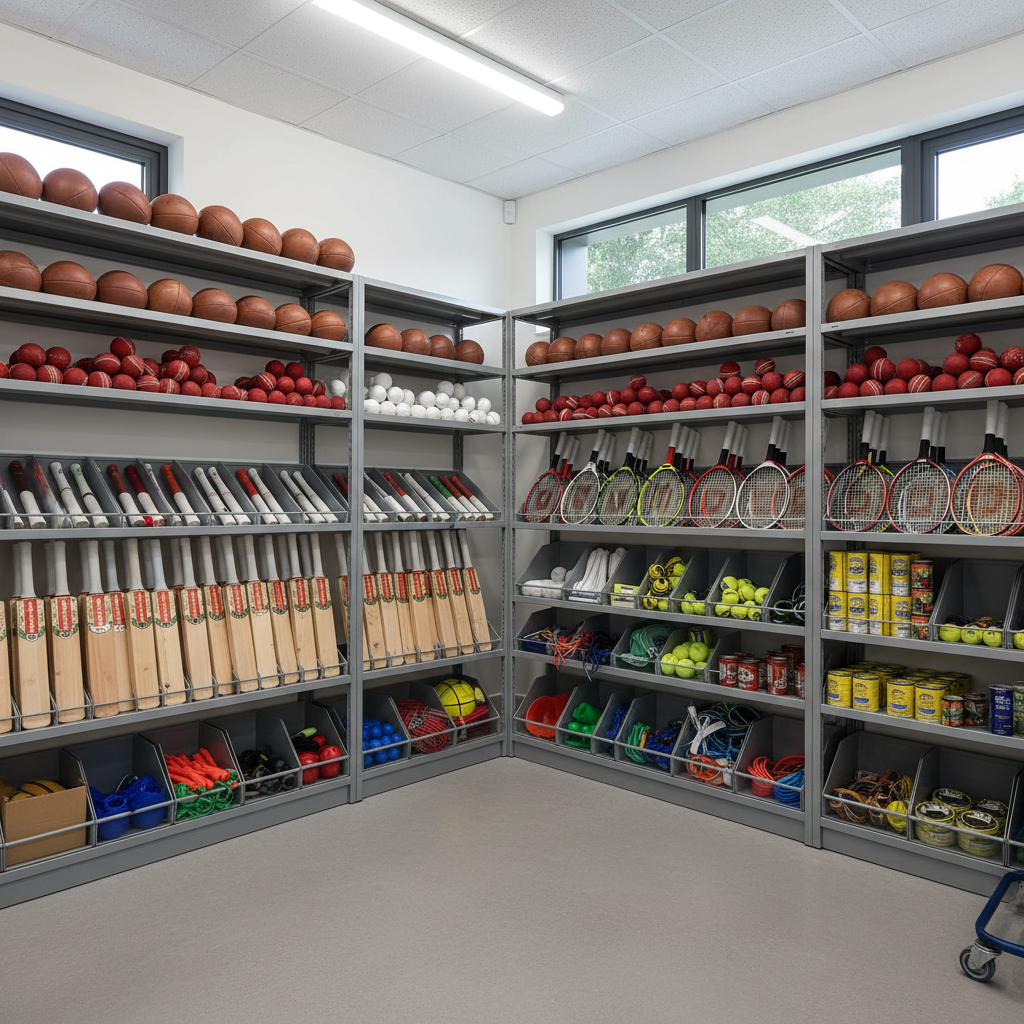 An organized school sports equipment room with shelves containing footballs, cricket bats, and tennis rackets.