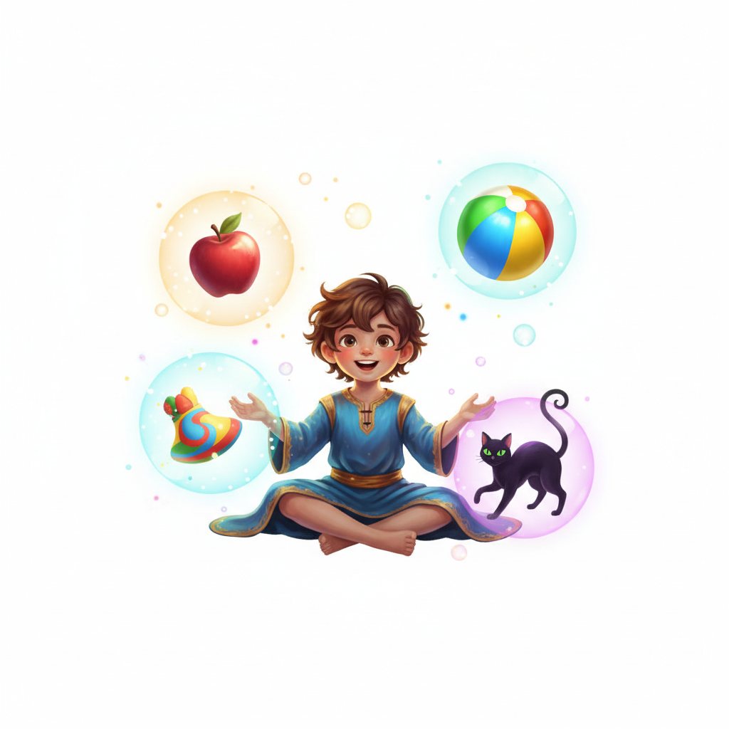 Illustration of a child surrounded by floating glowing words and vibrant icons representing the words (apple, ball, cat), magical style, white background