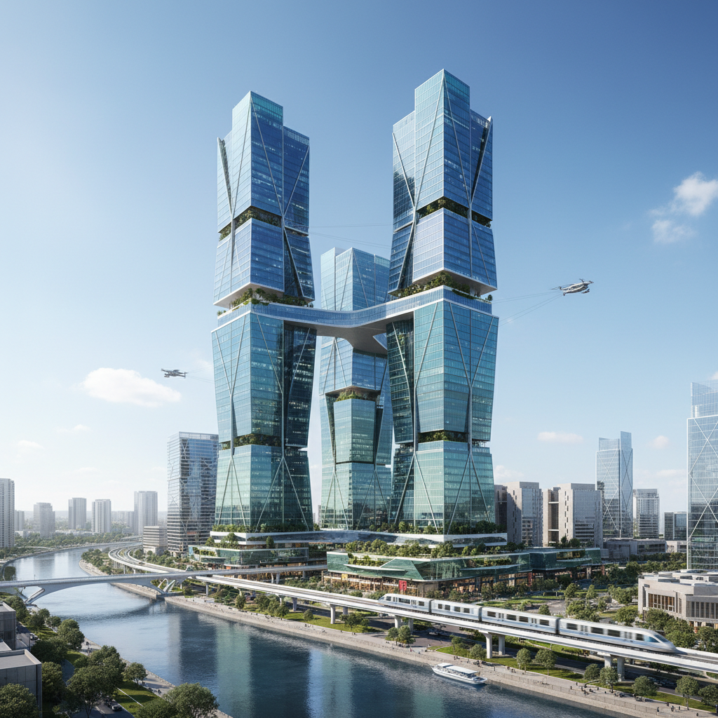 Modern skyline of GIFT City Gujarat or generic futuristic financial hub, solar glass buildings, day time