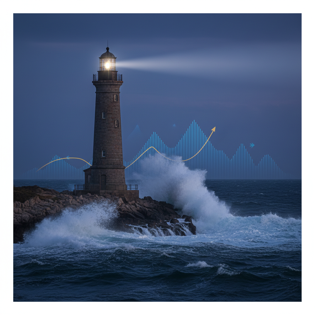 Lighthouse standing strong against waves, metaphorical for financial stability and risk management, blue hour lighting, high resolution