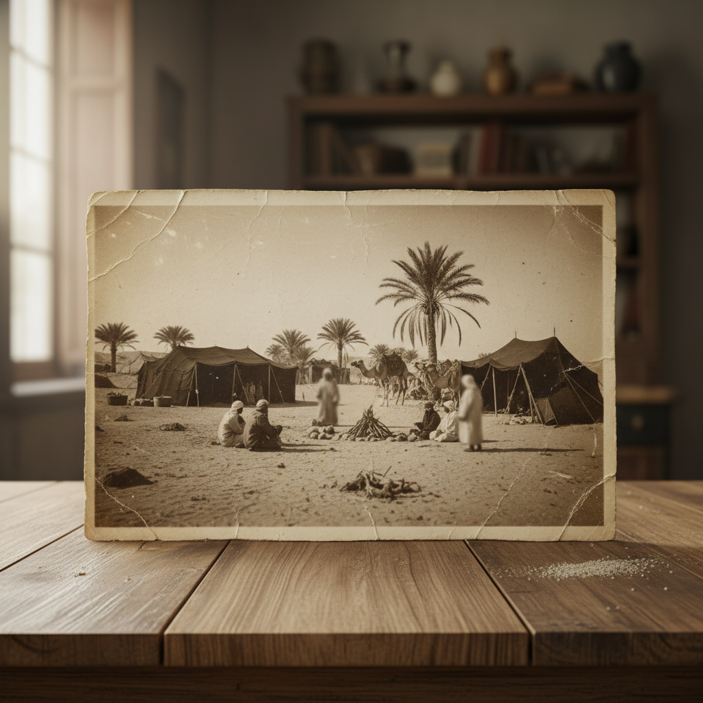 Old faded photograph of Bedouin life in the desert placed on a wooden table, nostalgic atmosphere