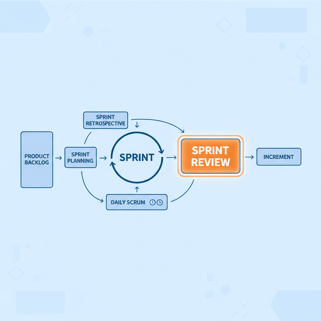 Scrum framework diagram, sprint cycle, sprint review highlighted, flat design, professional, agile methodology, minimal vector style, blue and orange color palette