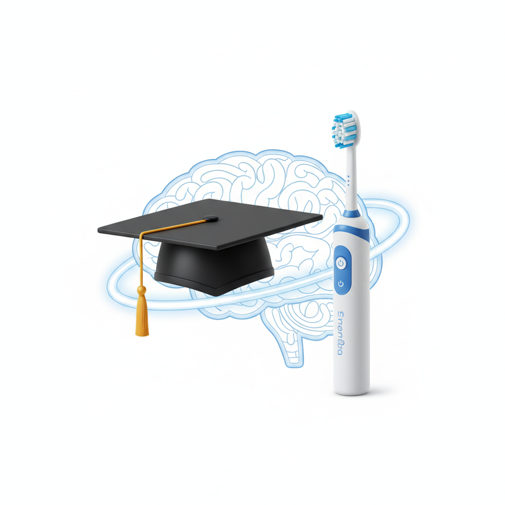 3d illustration of a graduation cap next to a toothbrush, education icon, white background