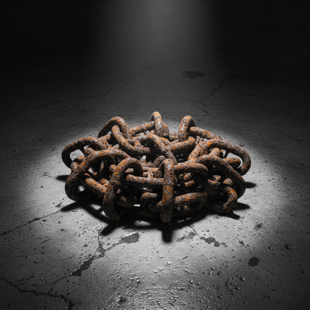 Heavy rusty metal chains lying on a dark, wet concrete floor, dramatic spotlight, high texture detail, symbolizing captivity and addiction, monochrome