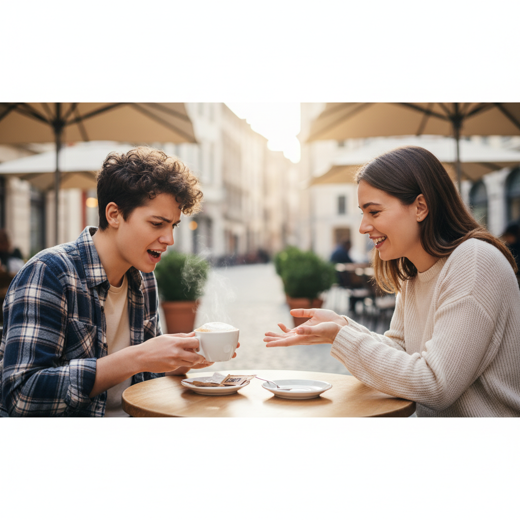 Two people sitting at a cafe table talking, one looks confused looking at a coffee cup, the other is explaining something