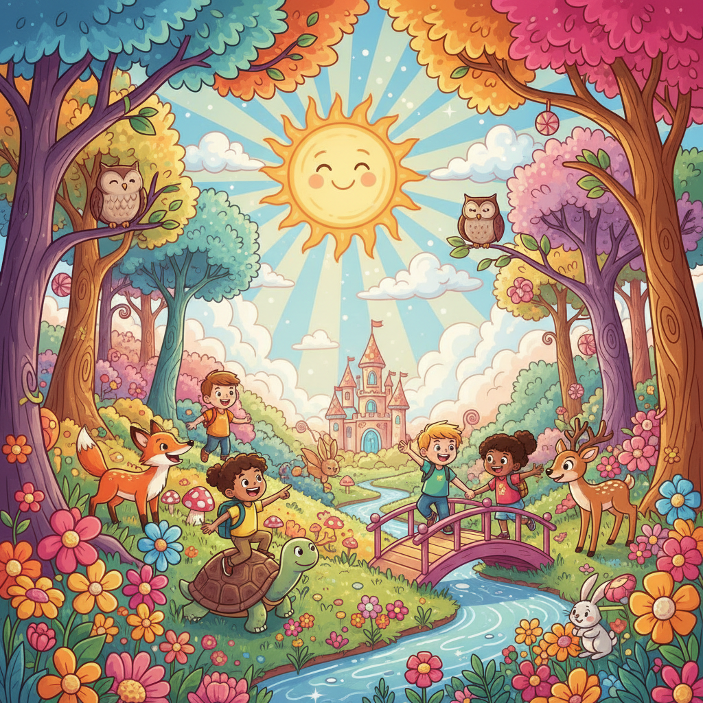 A vibrant, cartoon-style illustration of a magical forest with a smiling sun, colorful flowers, cute animals, and happy children exploring, bright colors, 5th grade textbook style, wide angle