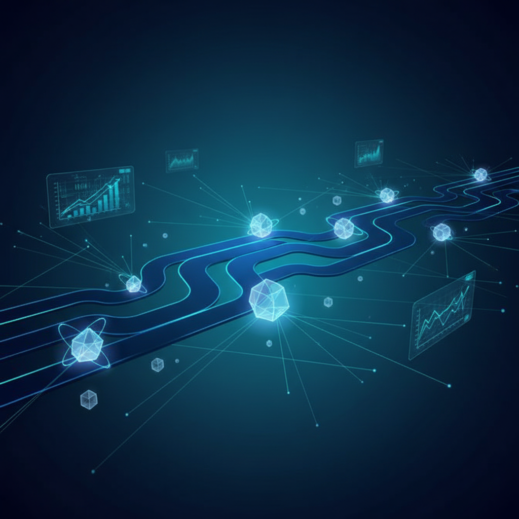 abstract futuristic roadmap path with data nodes, corporate technology presentation background, dark blue and teal