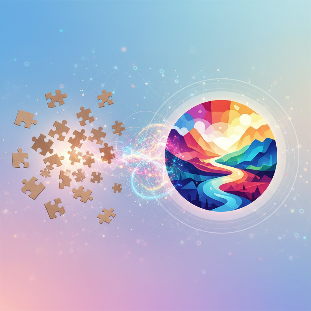 illustration of raw puzzle pieces floating on one side transforming into a completed colorful picture on the other side, representing data processing, bright colors