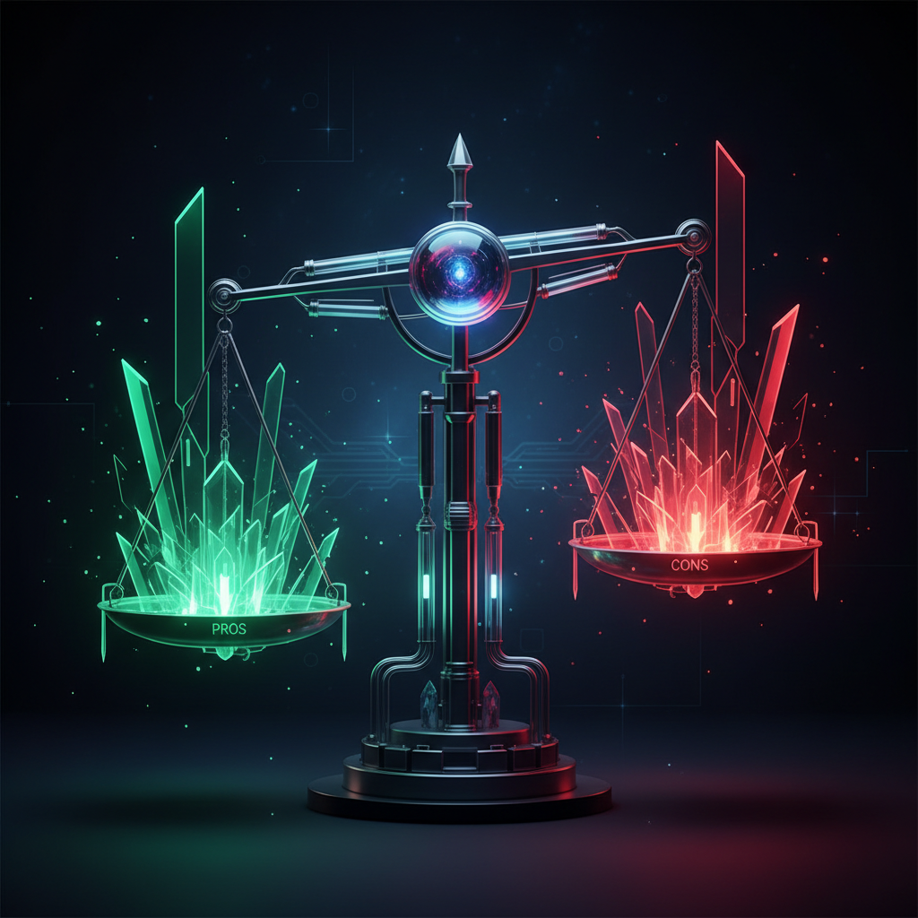 Abstract art of a balanced scale, one side glowing green (pros) and one side glowing red (cons), futuristic geometric style, dark background