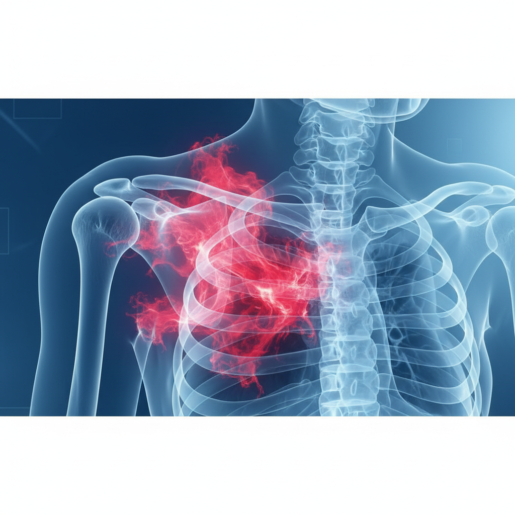 An abstract medical illustration of a shoulder joint with red highlighting indicating inflammation, clean xray style, blue tones