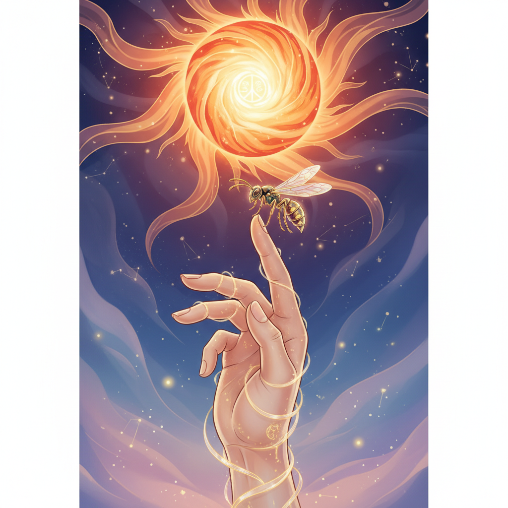 Surreal illustration of a human hand reaching towards a glowing warm sun, with a small wasp resting on the finger, symbolic of grace