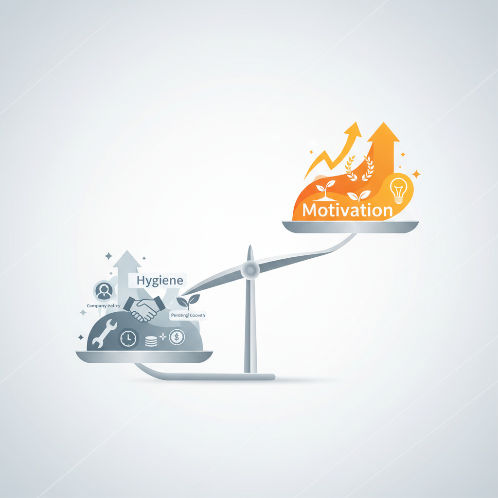 Scales illustration representing Herzberg theory, one side 'Hygiene', the other 'Motivation', corporate minimalist style