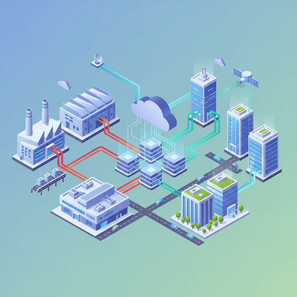 Isometric illustration of a business ecosystem connecting factories, cloud servers, and office buildings with data lines