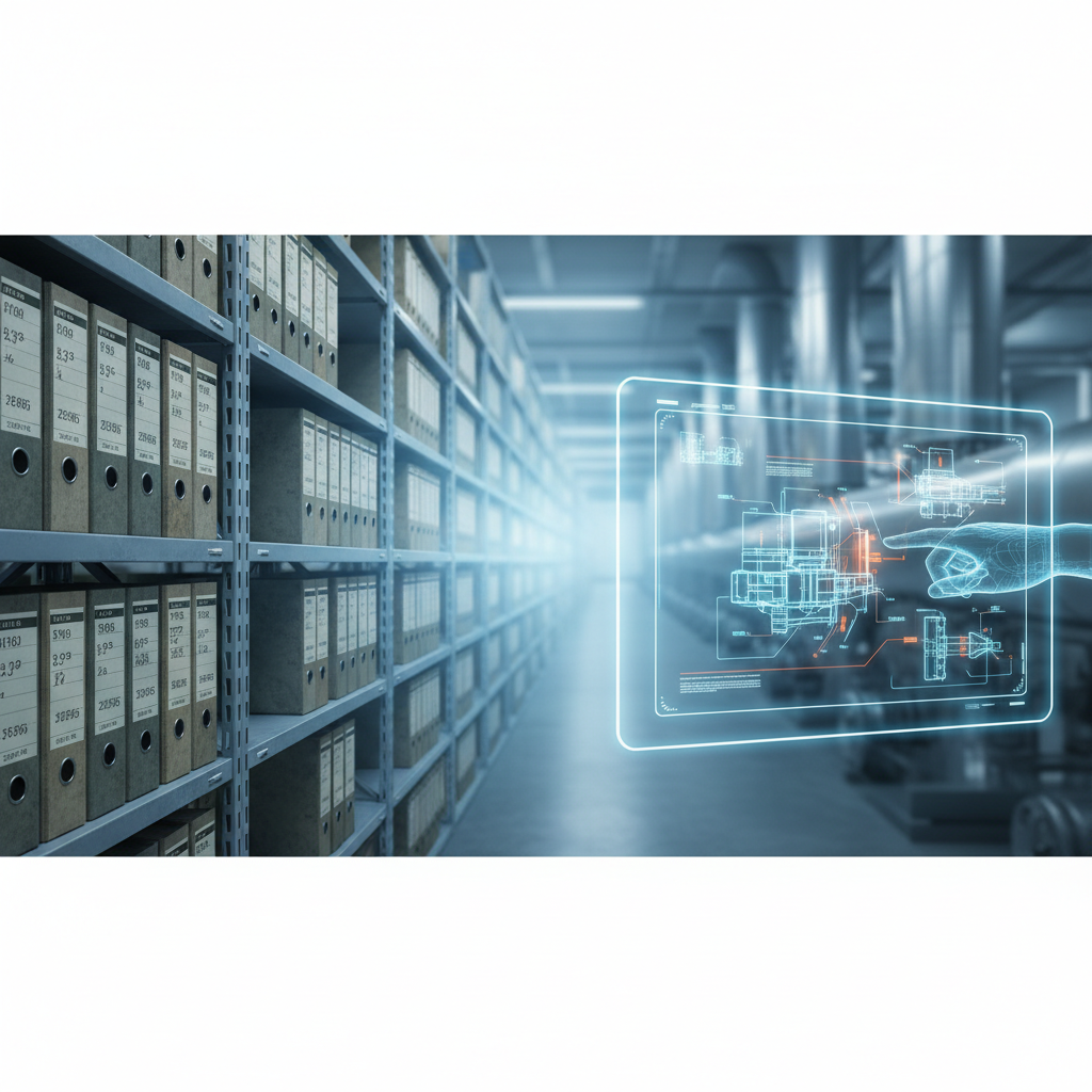 rangée d'étagères avec des classeurs d'archives techniques industrielles, transition vers une tablette numérique