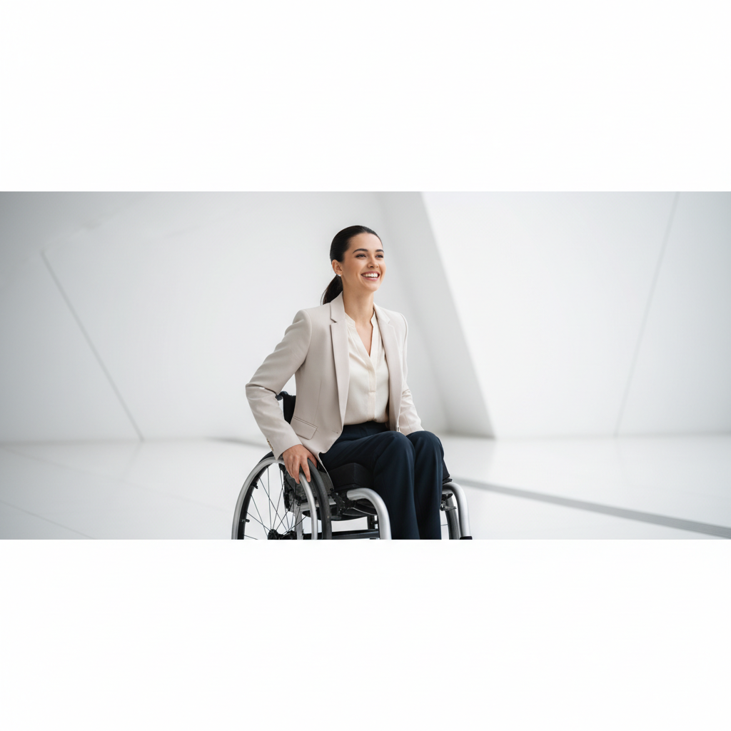 A confident young woman in a modern wheelchair smiling warmly against a clean, minimal background, high resolution photography, inspiring and empowering