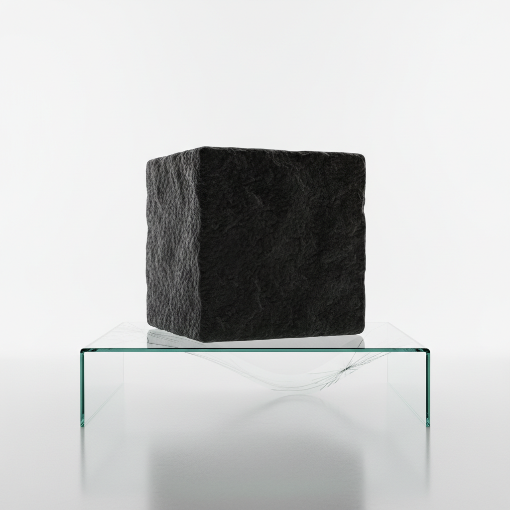A minimalist photography of a large, heavy stone cube sitting on a delicate glass table. High tension, high contrast, clean white studio background. The glass is bending slightly but not breaking yet.