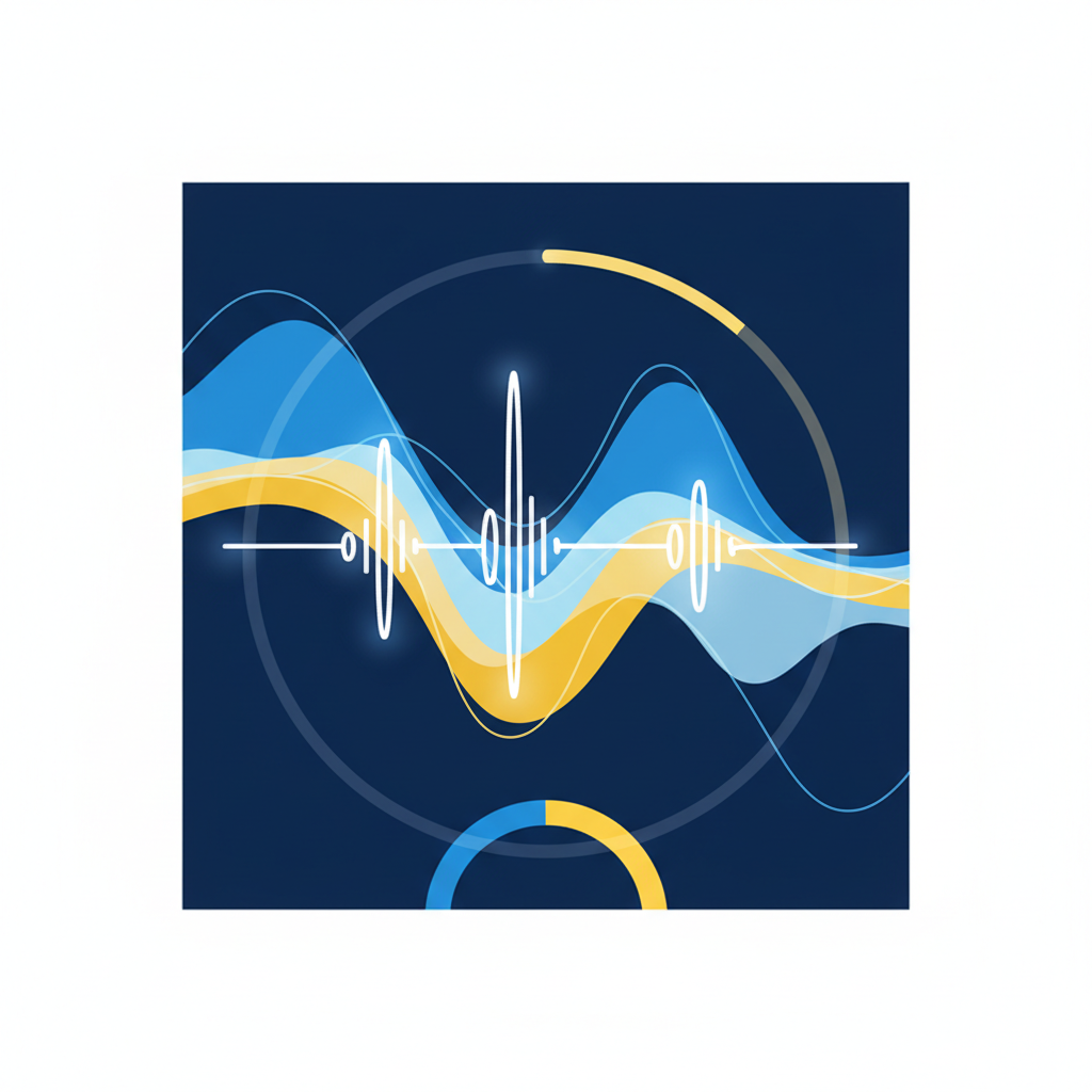 Close up glowing modern simple stylized mobile phone screen interface showing an audiobook app with sound waves, clean minimal vector art style, blue and yellow color palette