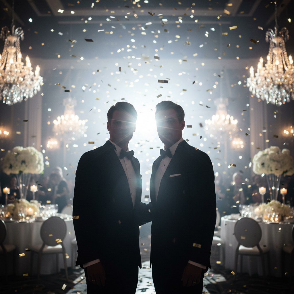 Two figures in formal tuxedos at a high profile evening gala, silhouette against flash photography, luxury atmosphere, party event