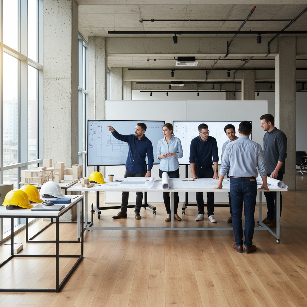 Team of architects and engineers discussing blueprints independently in a modern office site, construction helmets on table, professional atmosphere