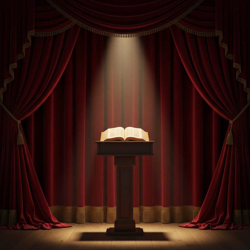 An elegant theater stage curtain with a spotlight on a podium with a book, representing the intersection of acting and literature