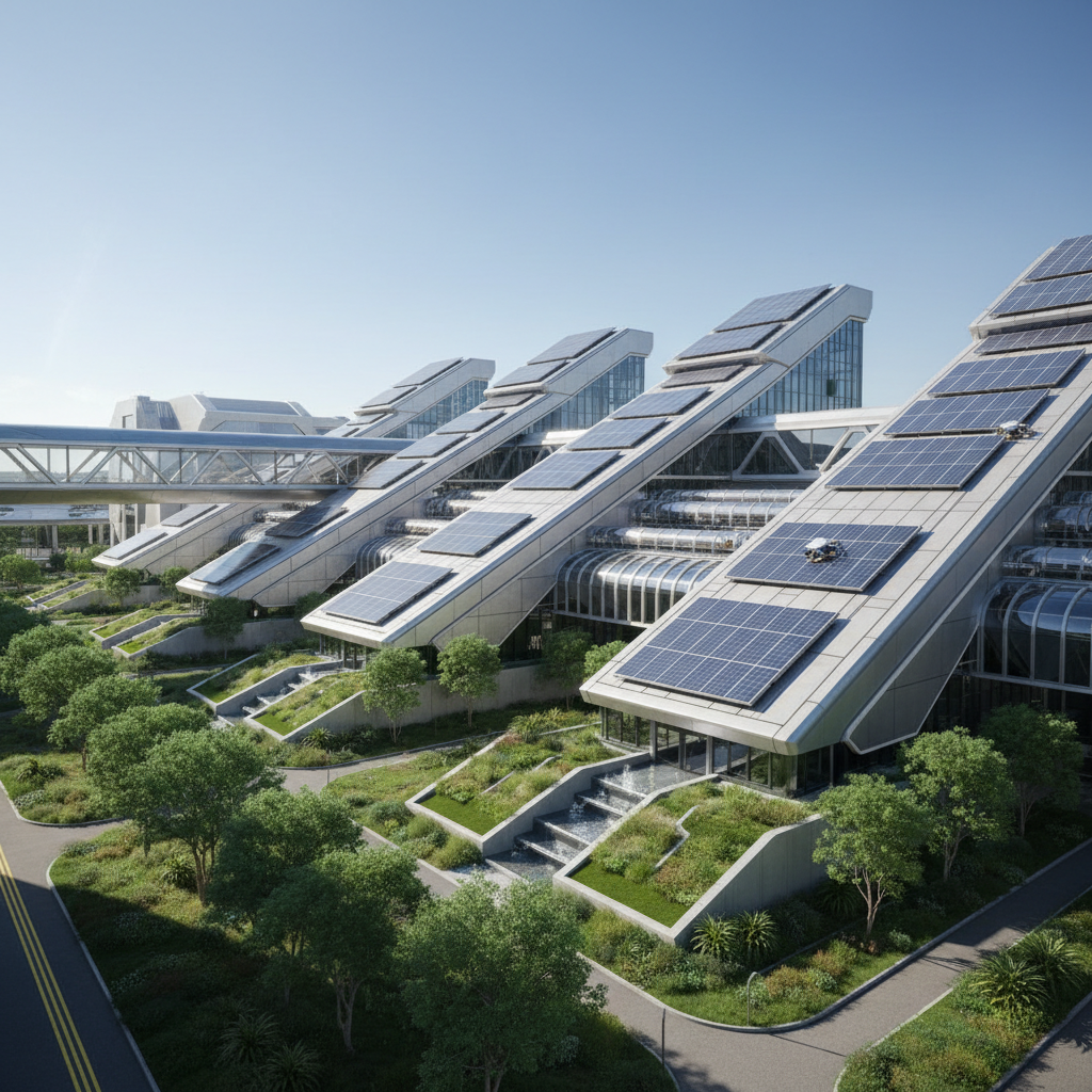 A futuristic automated factory exterior with solar panels, green landscaping, modern industrial architecture, bright sunny day