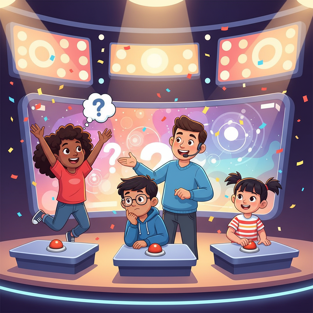 Cartoon illustration of a diverse group of kids playing a quiz game show, one kid raising a hand excitedly, bright studio lights background