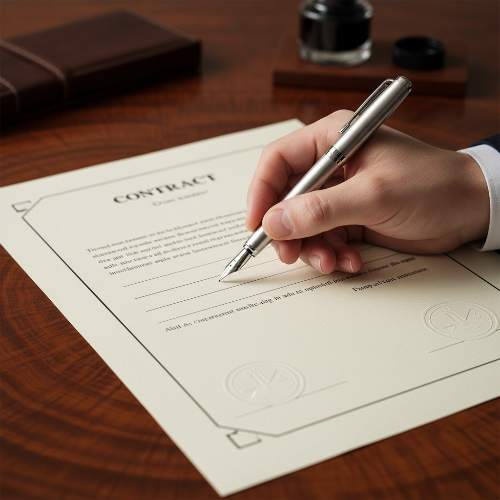 close up of a hand signing a formal business contract with a fountain pen on a wooden desk