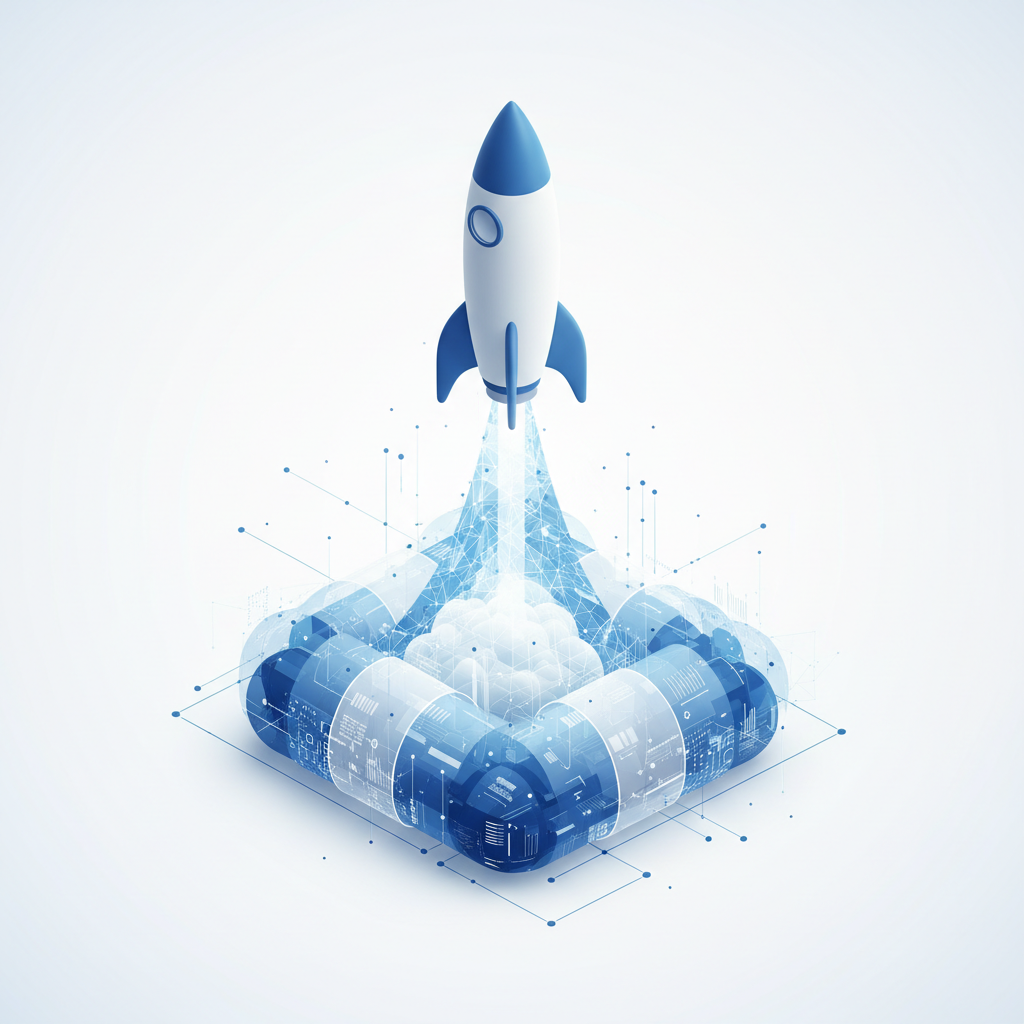 rocket ship launching into a digital cloud, symbolizing product launch, blue and white minimalist 3d style