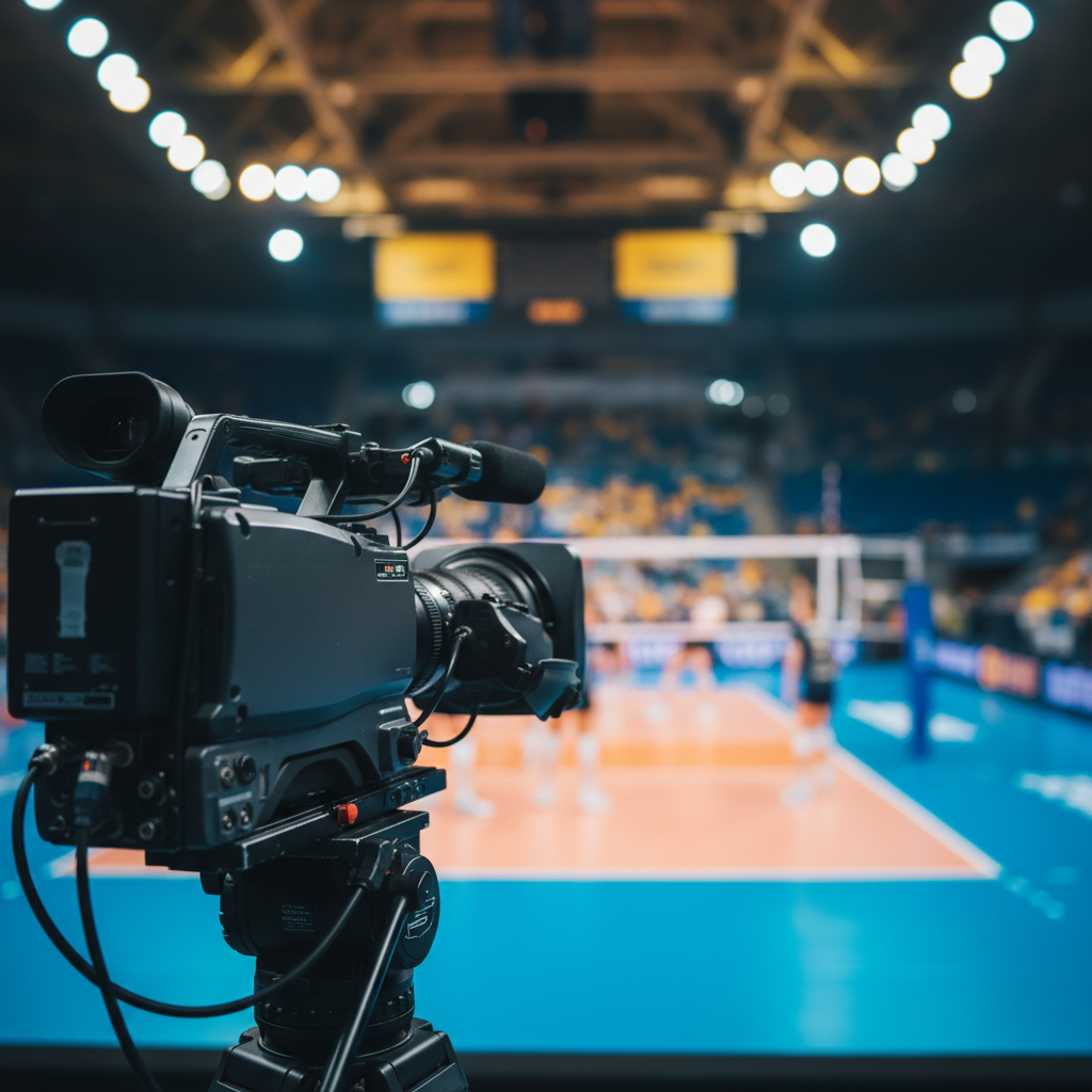 Television camera filming a volleyball match, dramatic angle, focus on the lens and the blurred volleyball court in background, blue and yellow color palette
