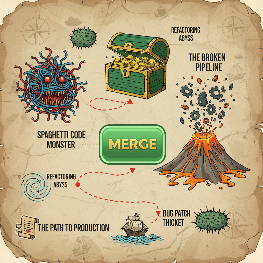 A treasure map style illustration where the path leads to a giant green 'Merge' button treasure chest. Obstacles include 'Spaghetti Code Monster' and 'The Broken Pipeline' volcano.