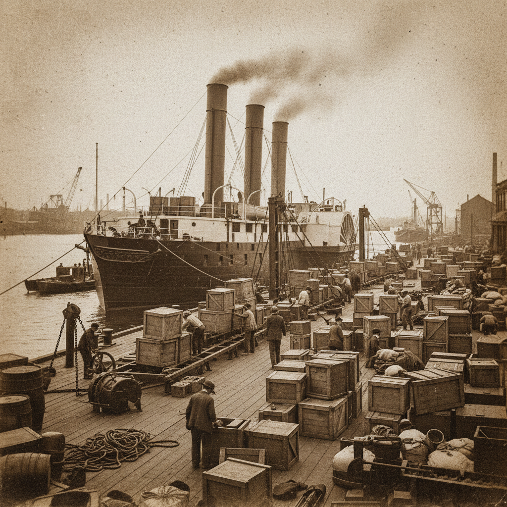 Old archival photograph of a steamship dock in the 19th century being loaded with crates, gritty industrial texture, sepia filter