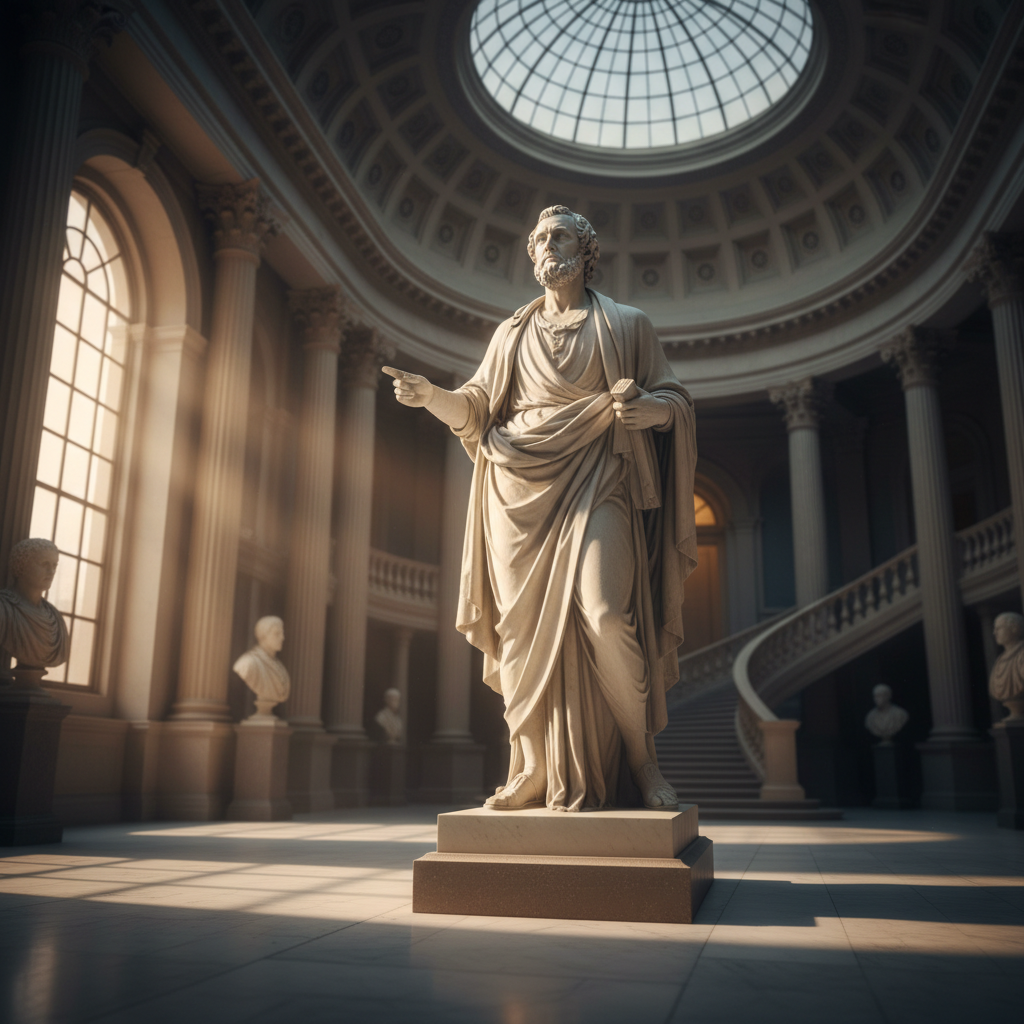 Marble statue of Adam Smith in a grand hall, sunlight beaming onto the statue, symbol of enduring legacy, cinematic, 8k