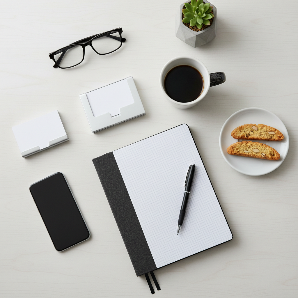 Stylish flat lay of business contact setup, coffee cup, notebook, biscotti on side, clean desk