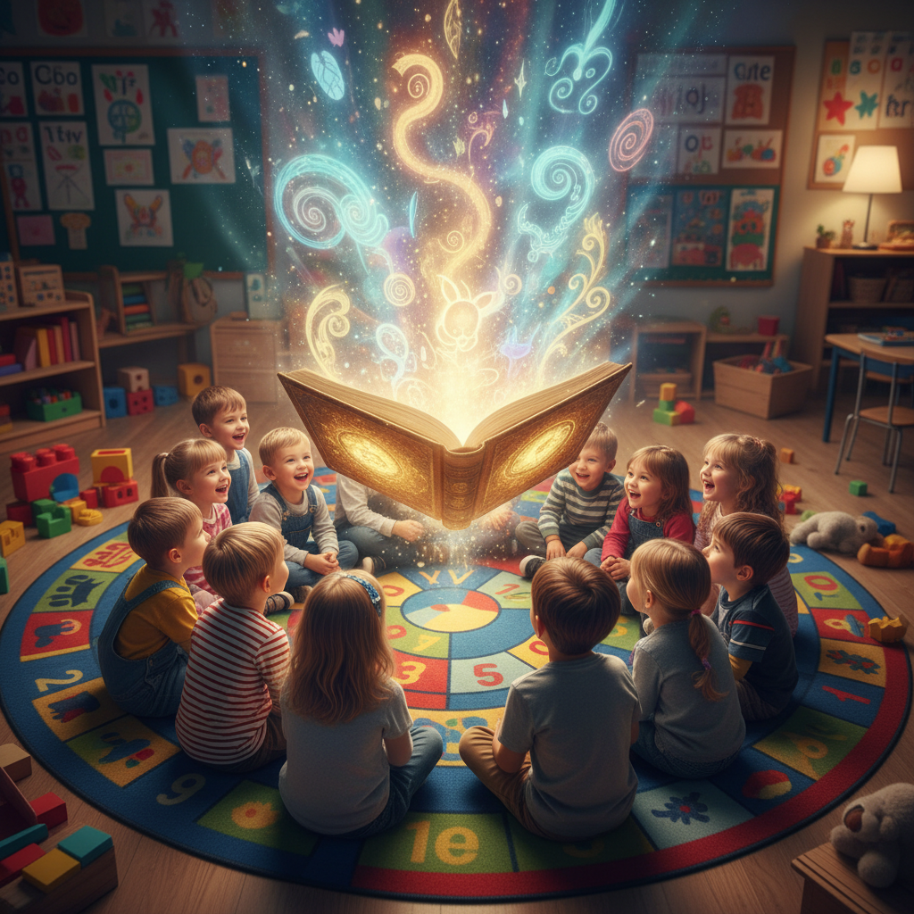 Cinematic shot of a diverse group of joyful preschool children sitting on a colorful classroom rug, looking at a giant glowing open storybook, magical lighting, high detail