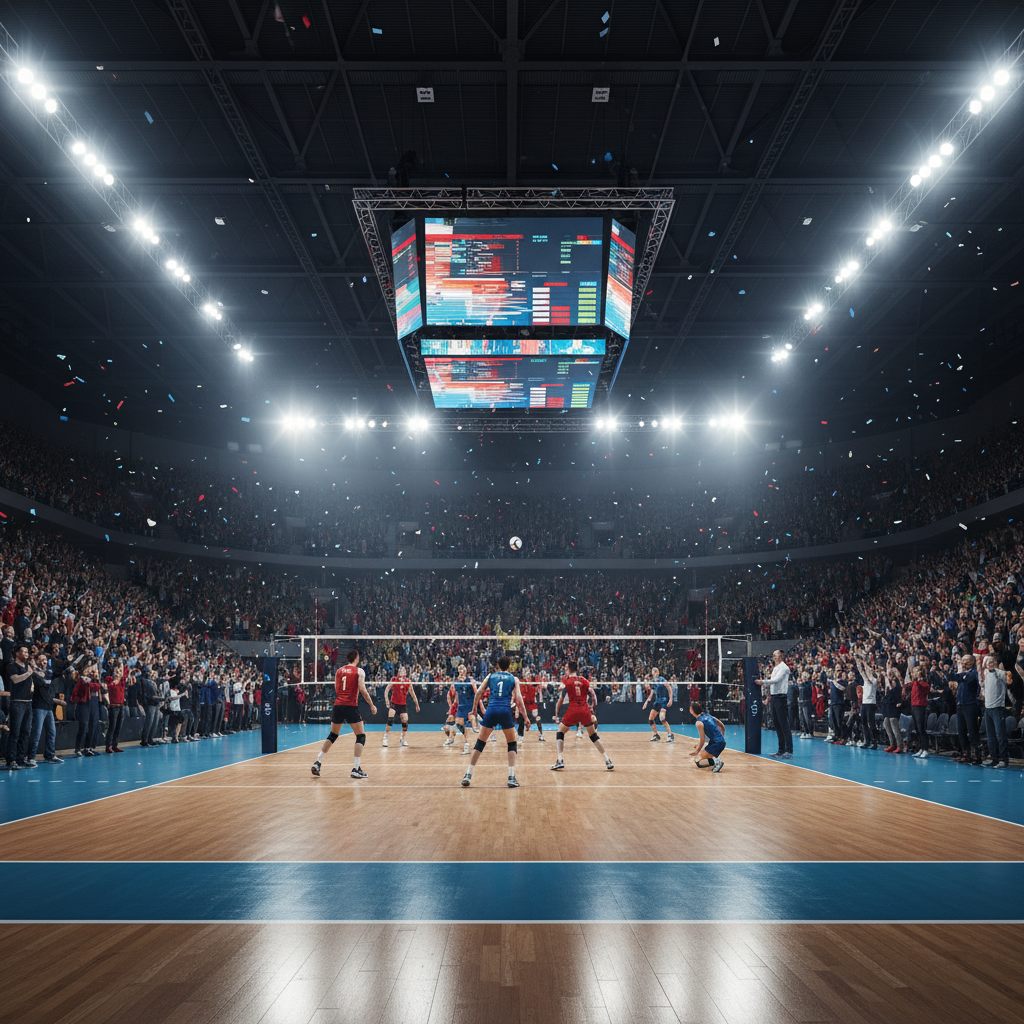 Modern indoor volleyball arena packed with spectators, bright floodlights, electronic scoreboard showing match statistics, vibrant competitive atmosphere