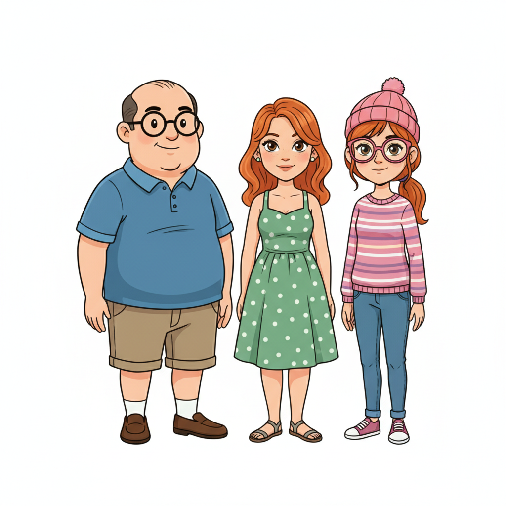 Full body cartoon illustration of a fat father with glasses, a red-headed mother, and a teenage girl with glasses and a pink hat, standing together with neutral expressions, white background