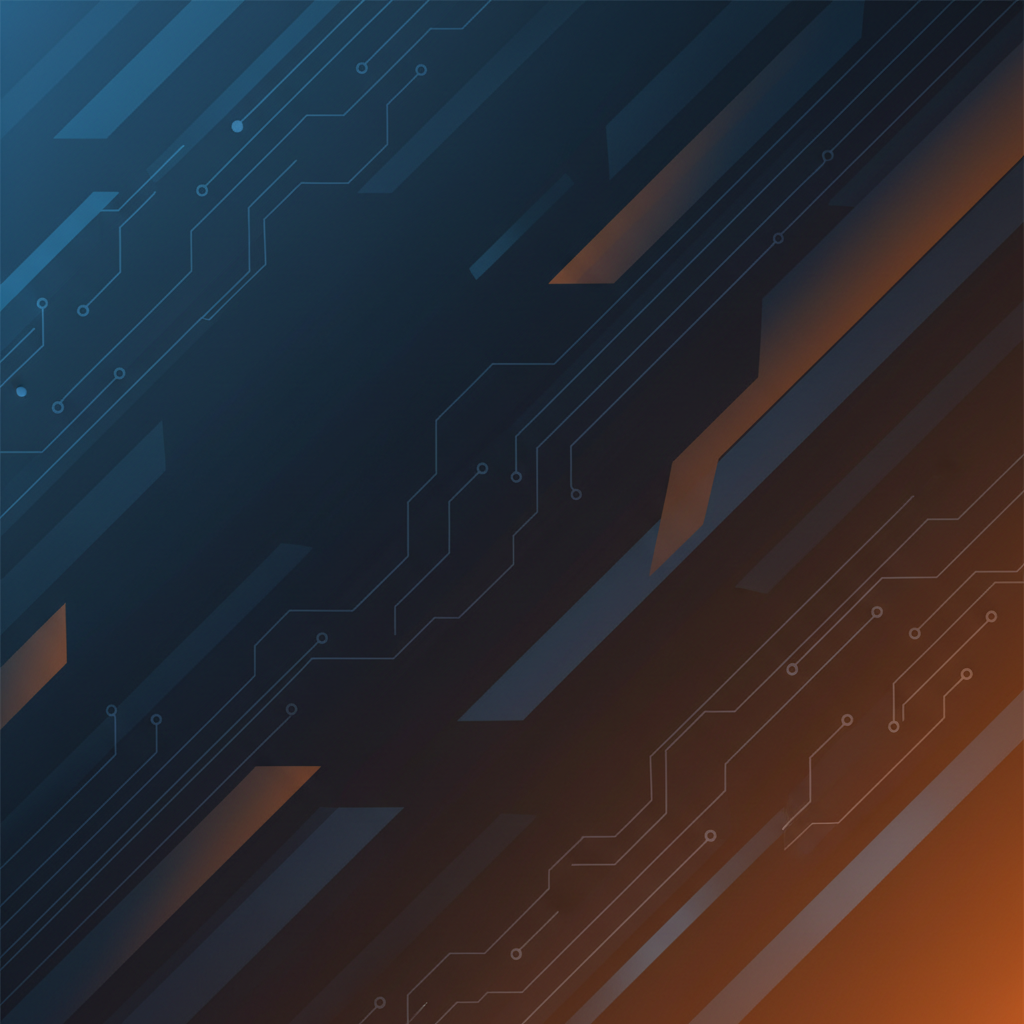 Modern minimalistic abstract background with subtle circuit board patterns in dark blue and deep orange, high tech, clean lines, 8k resolution