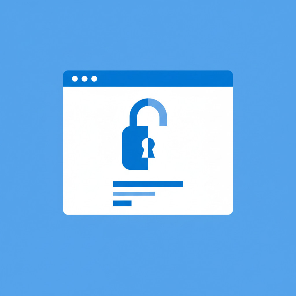 Minimalist digital illustration of a computer screen showing a login page secure padlock icon, blue and white color scheme
