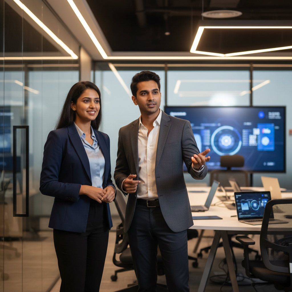 Two young Indian professional entrepreneurs standing confidently in a modern tech office environment, discussion setting, warm lighting, photorealistic portrait style