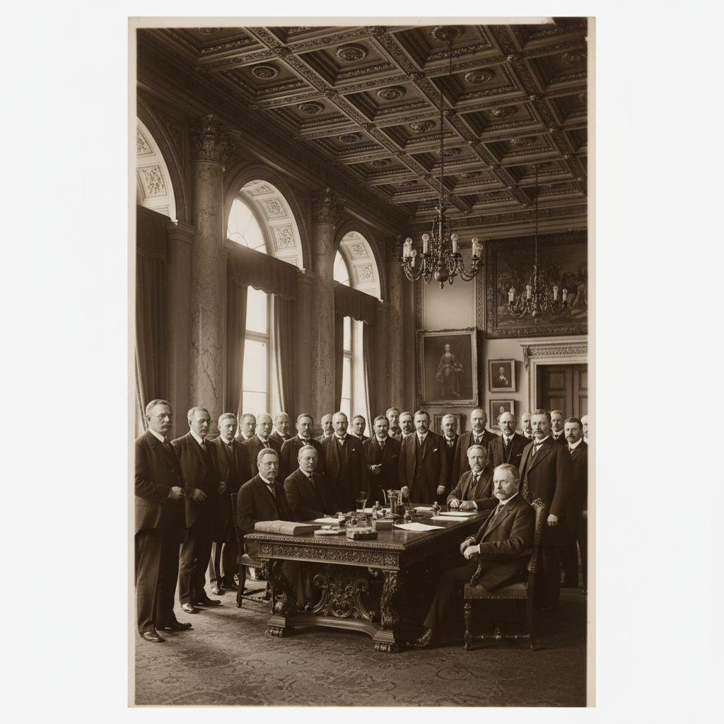 Group of politicians in 1920s attire meeting in a grand German hall, vintage photography style, sepia tone, solemn atmosphere