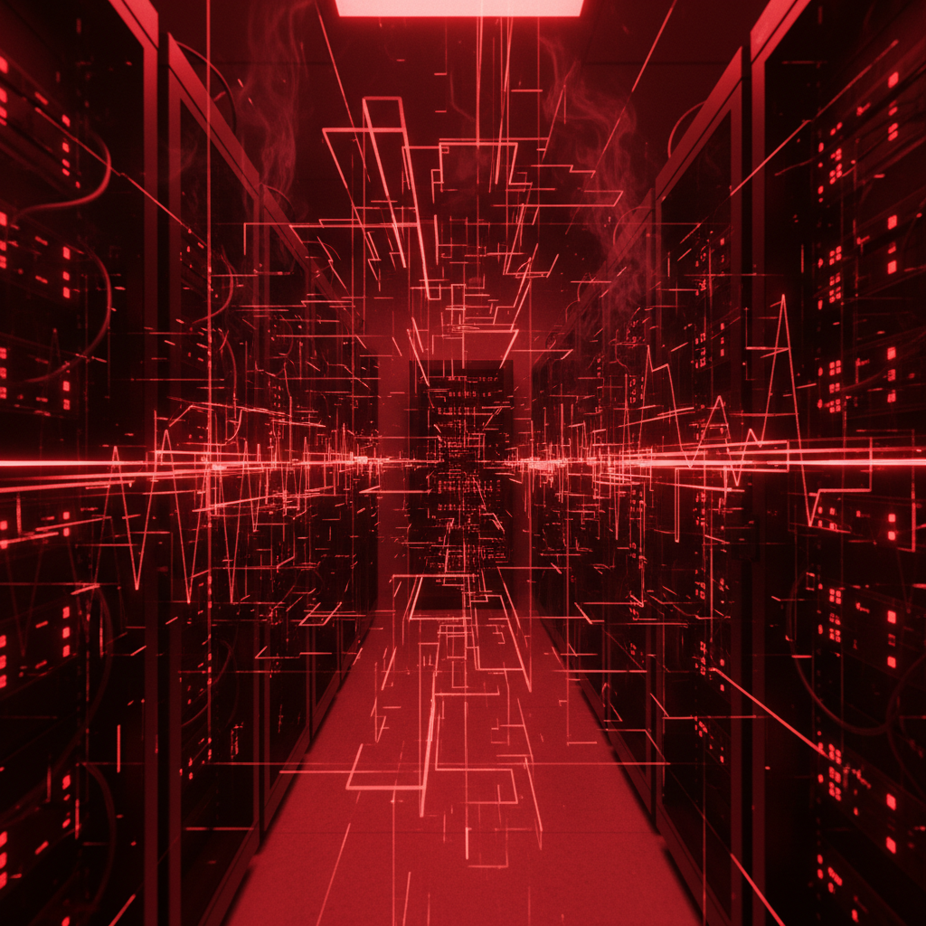 abstract visualization of a red warning digital interface, server room with error lights, cybersecurity threat concept, cinematic
