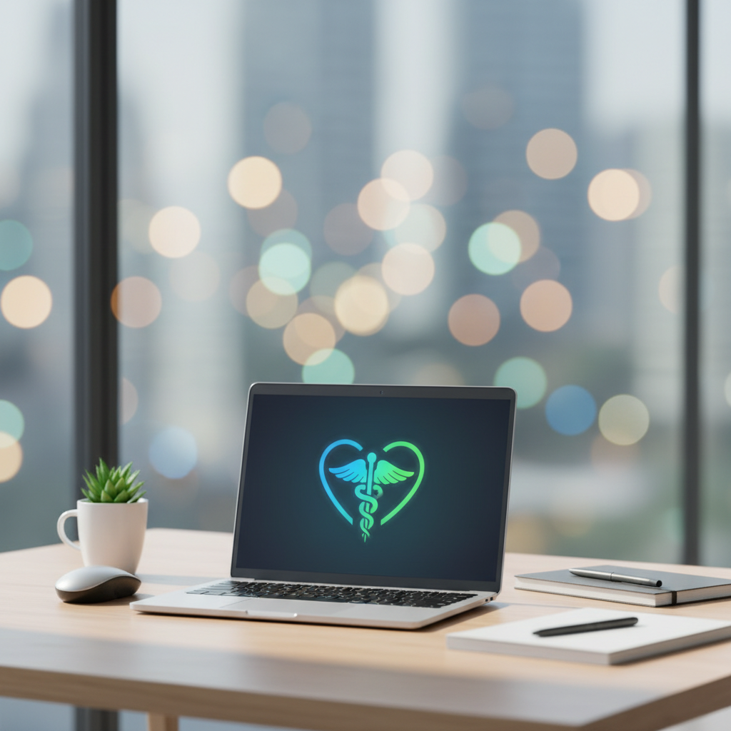 modern bright office desk with a laptop displaying a digital healthcare icon, bokeh background, high quality, professional photography