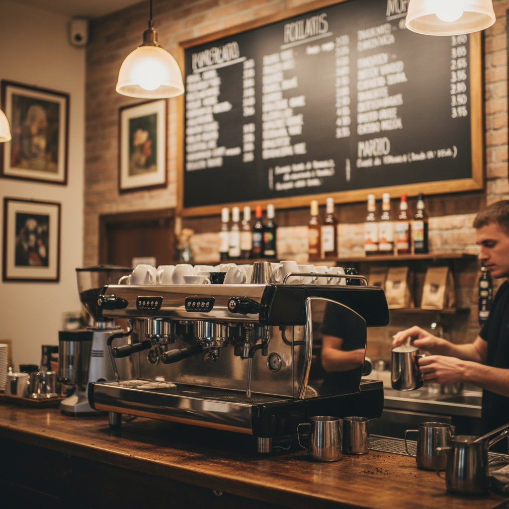 First-person perspective of looking at a menu board behind an Italian coffee bar counter, text on menu is blurry but ambiance is clear, coffee machine in view
