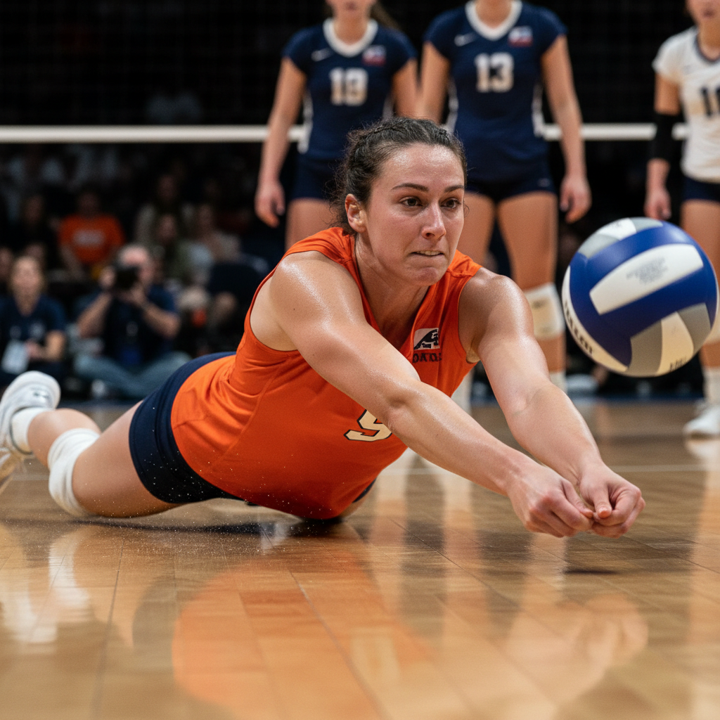 realistic photo of a volleyball libero player in a contrasting jersey color diving for a ball (dig), floor level view, hyper-realistic action shot, sweat and muscle detail