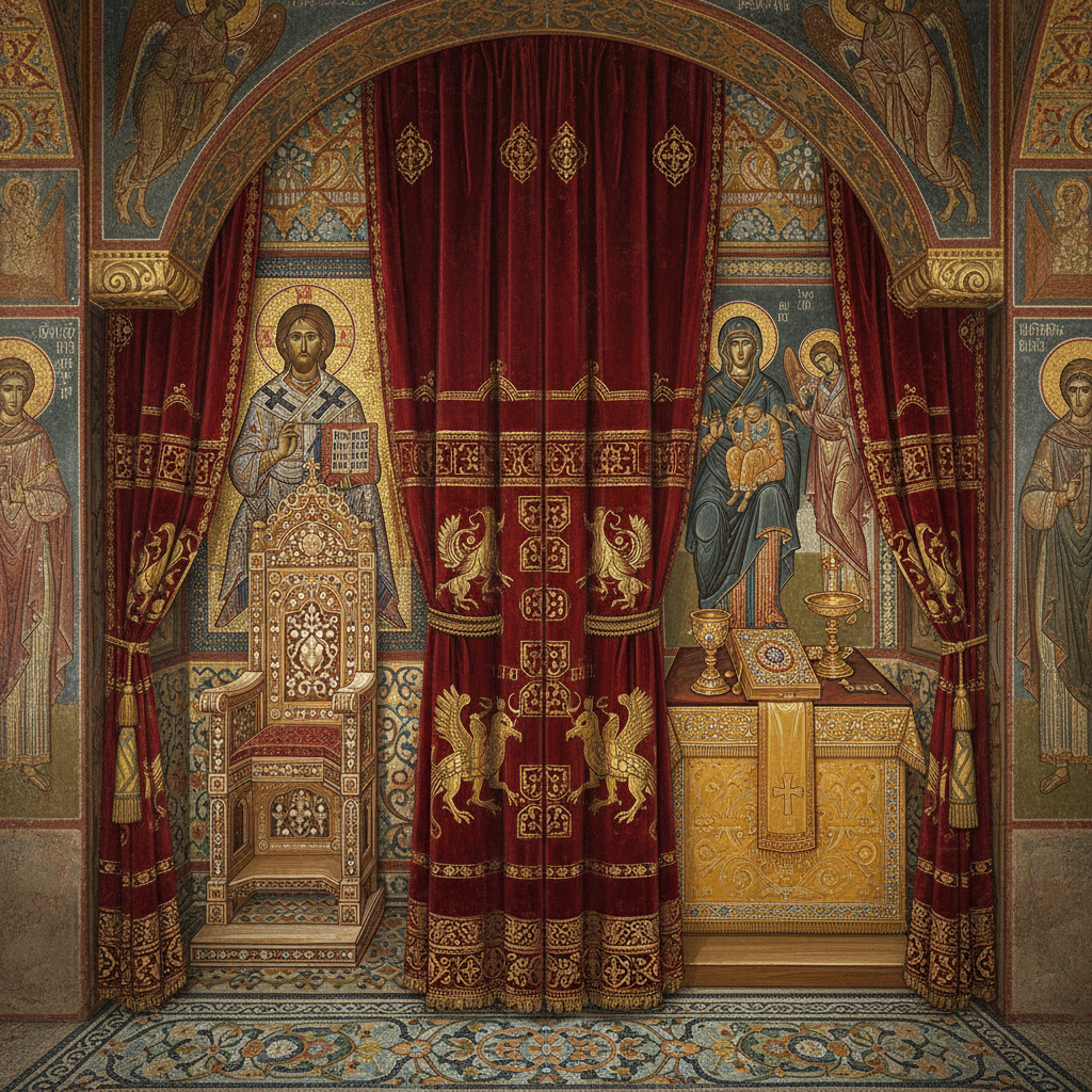 Byzantine interior illustration style, room divided by heavy embroidered curtains, flat perspective style similar to orthodox icons but photorealistic rendering of materials