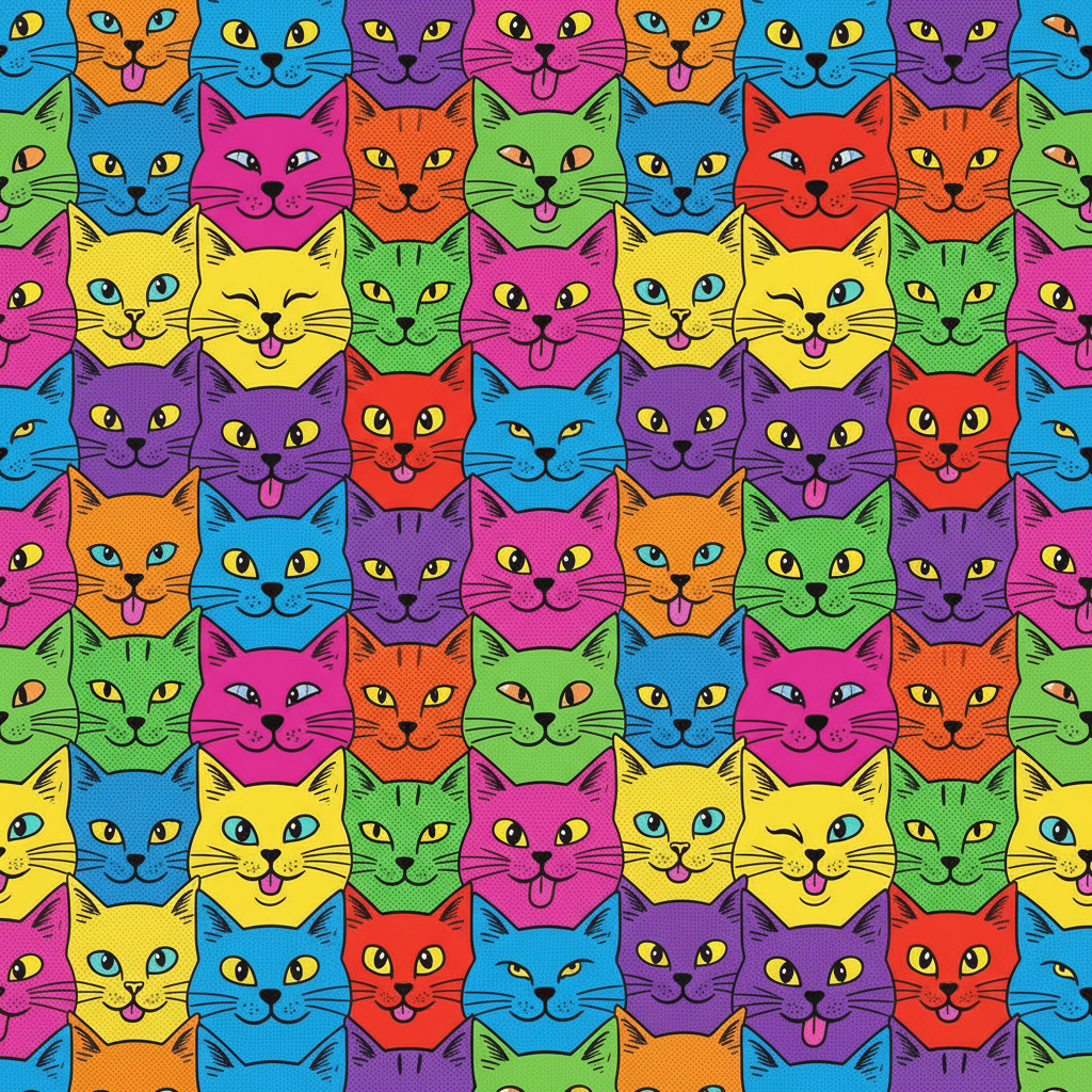 A dense collage of colorful pop art cat faces, variety of colors and expressions, fills the frame