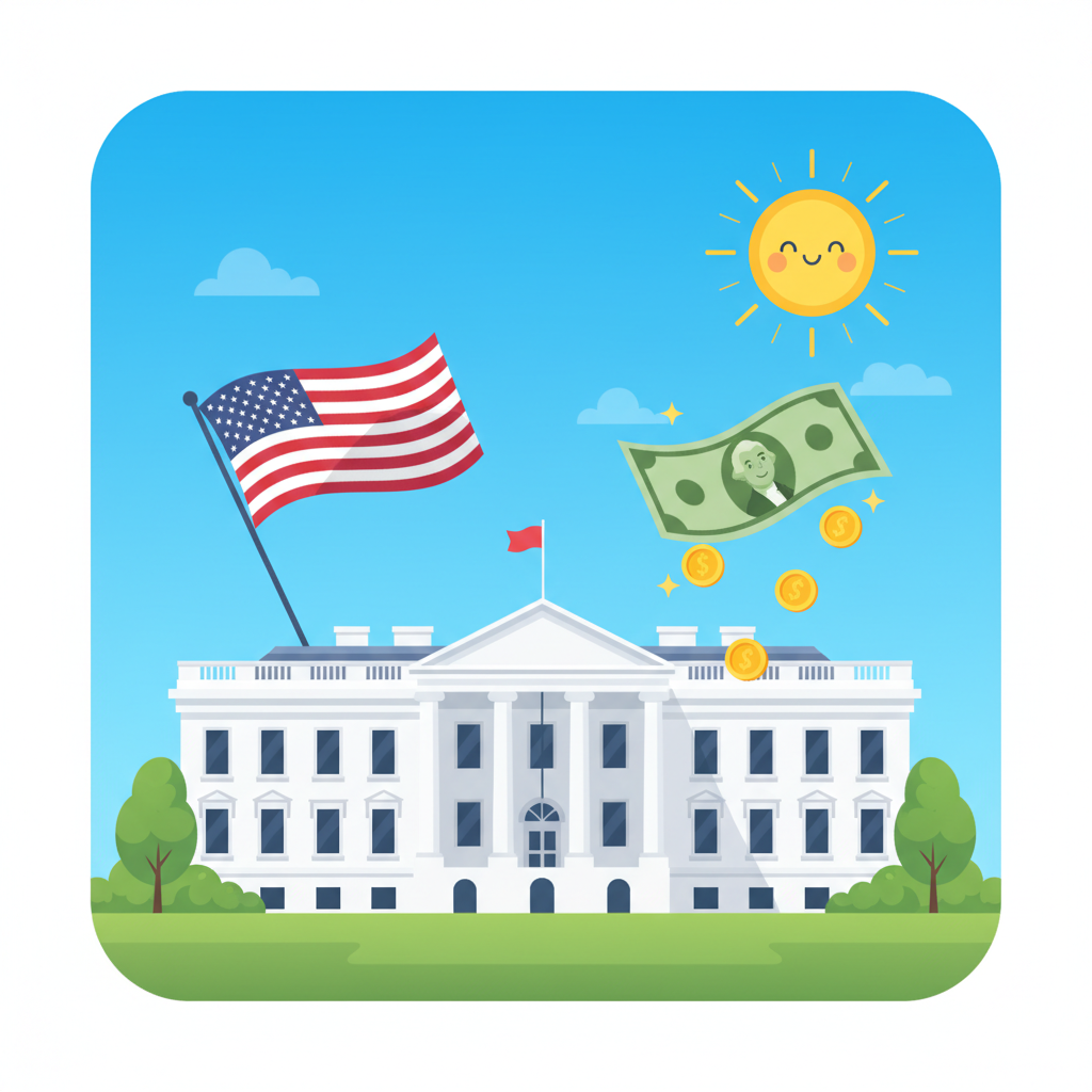 Cartoon illustration of the White House with an American flag and a dollar bill floating nearby, bright sunny day, blue sky.