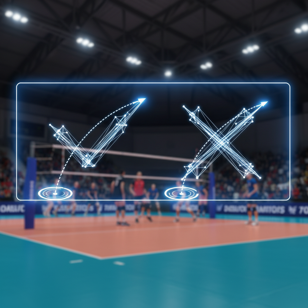 volleyball video challenge system screen showing 'IN' or 'OUT' ball trajectory, technological interface, modern sport